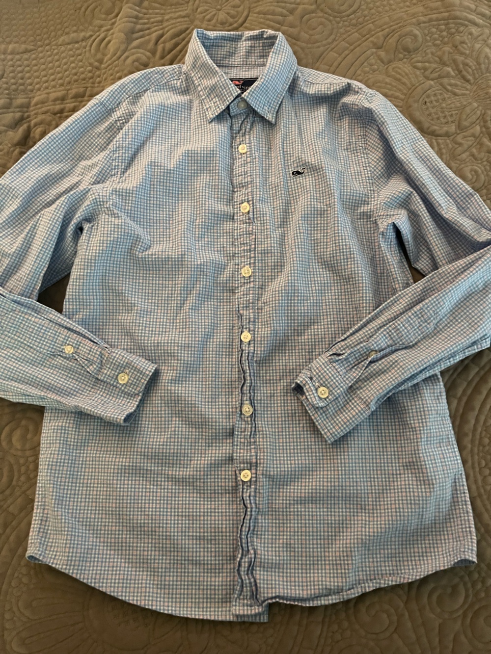 Vineyard Vines Light Blue and White Mini Check Button-Down Shirt